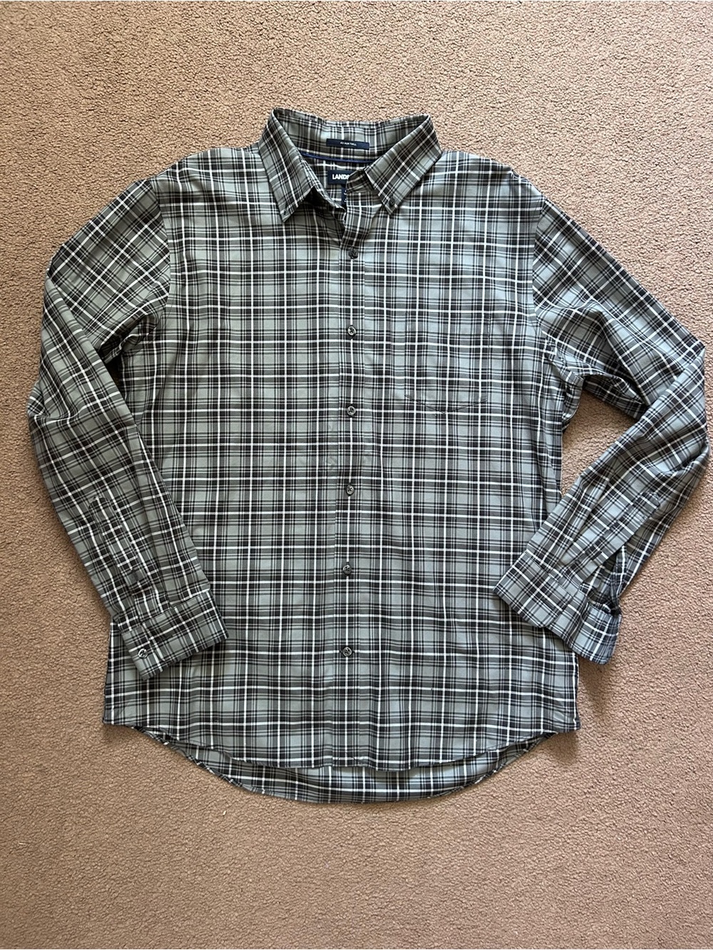 Men’s Lands End Black & Gray Plaid Button Front Long Sleeved Shirt Sz Large